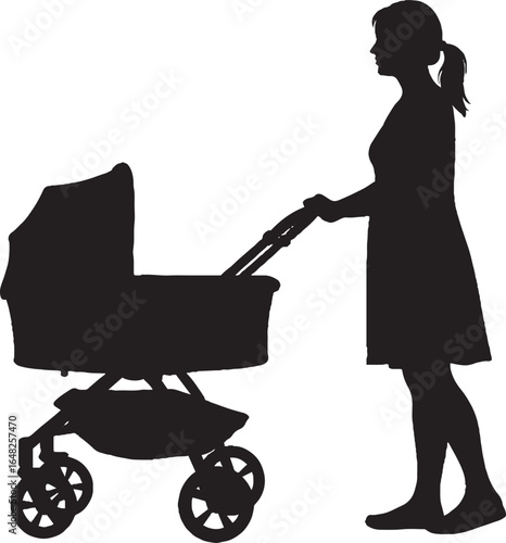 Black Silhouette of Mother Pushing Baby Stroller Vector