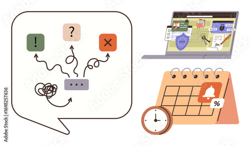 Speech bubble with decision paths, priority markers, laptop screen with online security elements, and a calendar with a clock. Ideal for planning, deadlines, productivity, prioritization