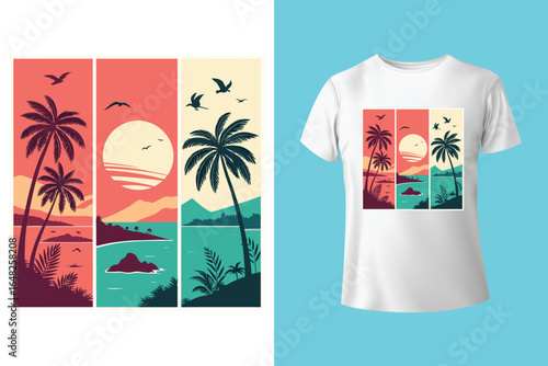 Colorful summer t-shirts on display at a vibrant store during sunny days.