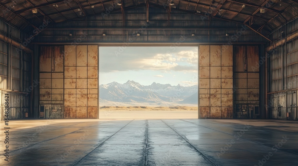 Fototapeta premium Empty industrial hangar with large open doors revealing distant snow-capped mountains under a partly cloudy sky