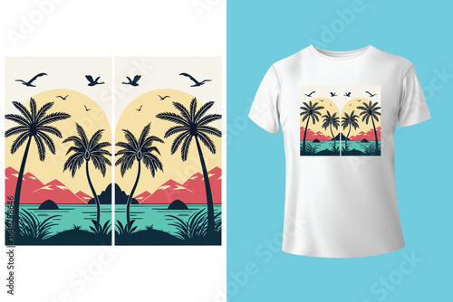 Colorful summer t-shirts on display at a vibrant store during sunny days.