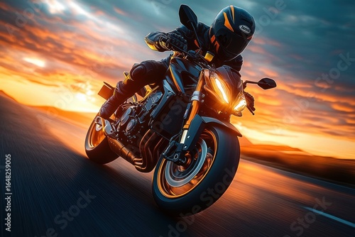 Motorcyclist riding a modern black sport motorcycle fast on an open road at sunset with dramatic orange and blue sky