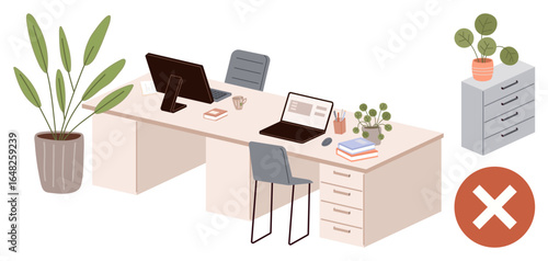 Organized workspace with desks, laptops, chairs, plants, and a red cross symbol emphasizing decluttering and productivity. Ideal for organization, simplicity, workspace setup, minimalism