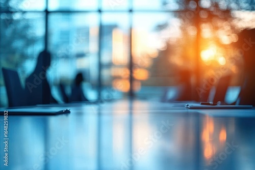 Wallpaper Mural Blurred business meeting room with glass walls and warm sunlight reflecting off the table, creating a calm and professional atmosphere Torontodigital.ca