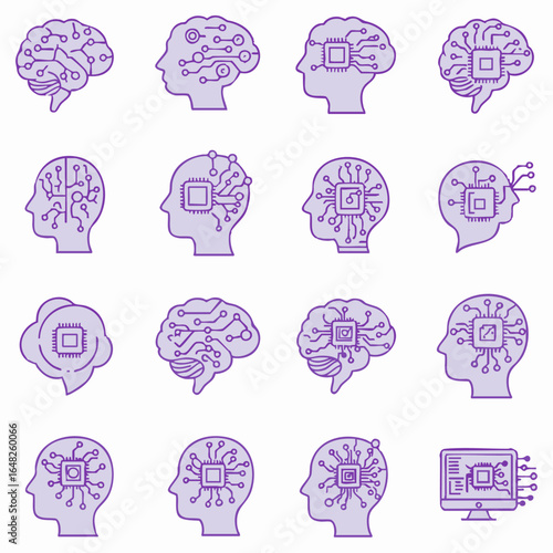 Collection of Purple AI Brains Icons for Technology and Innovation Concepts