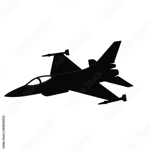 Black silhouette of a fighter jet with missiles airplane