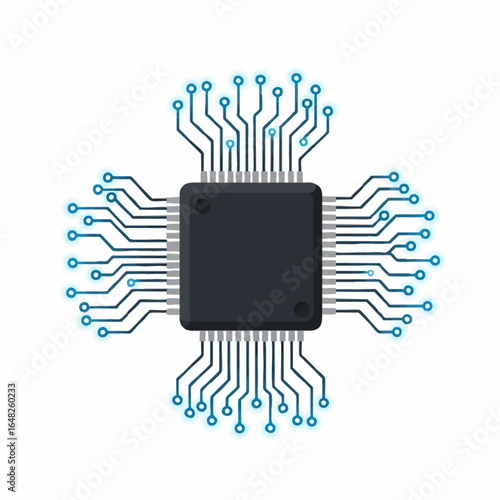 Abstract graphic of a central processor microchip with glowing electronic circuit pathways for AI technology.