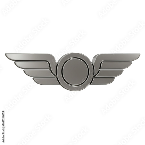 A metallic emblem featuring stylized wings and a central circular element suggesting flight achievement or recognition.