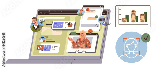 Laptop displays diverse virtual work tools, analytics charts, and user data. Video chat, graphs, online profiles, and growth tracking elements surround. Ideal for technology, analysis teamwork