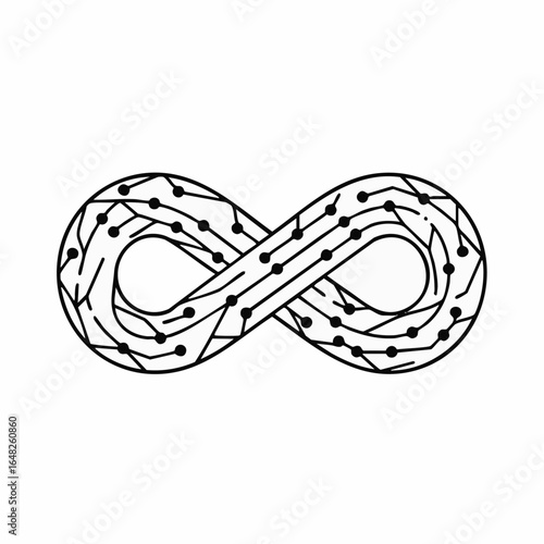 Circuit board infinity symbol icon representing concepts of endless data, ai, and perpetual technology.