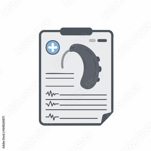 Medical clipboard with audiology report and hearing aid icon, concept of hearing healthcare.