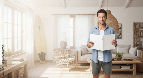 Man Holding Blank Sign in Bright, Stylish Living Room with Copy Space