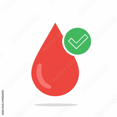 Red Blood Drop with a Green Check Mark Icon for Health Tests and Donation Concepts