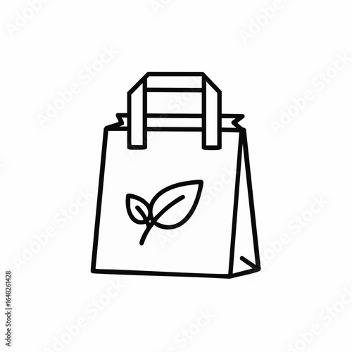 Eco-friendly paper shopping bag with leaf logo icon. Sustainable retail packaging vector line art.