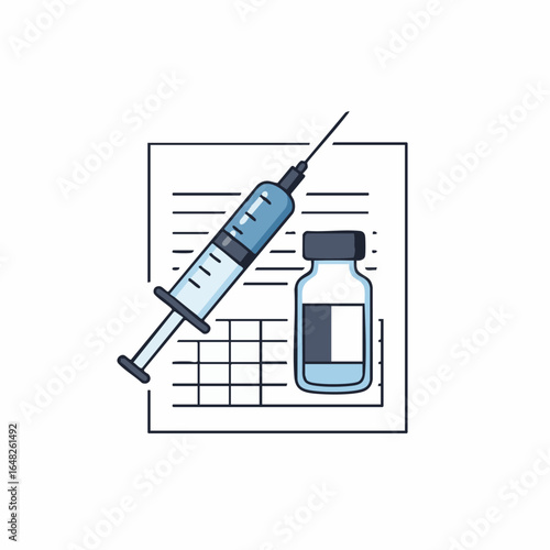 Medical vaccination concept with a syringe, medicine vial, and immunization document.