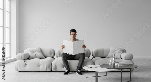 Man Holding Blank Magazine in Modern Minimalist Living Room