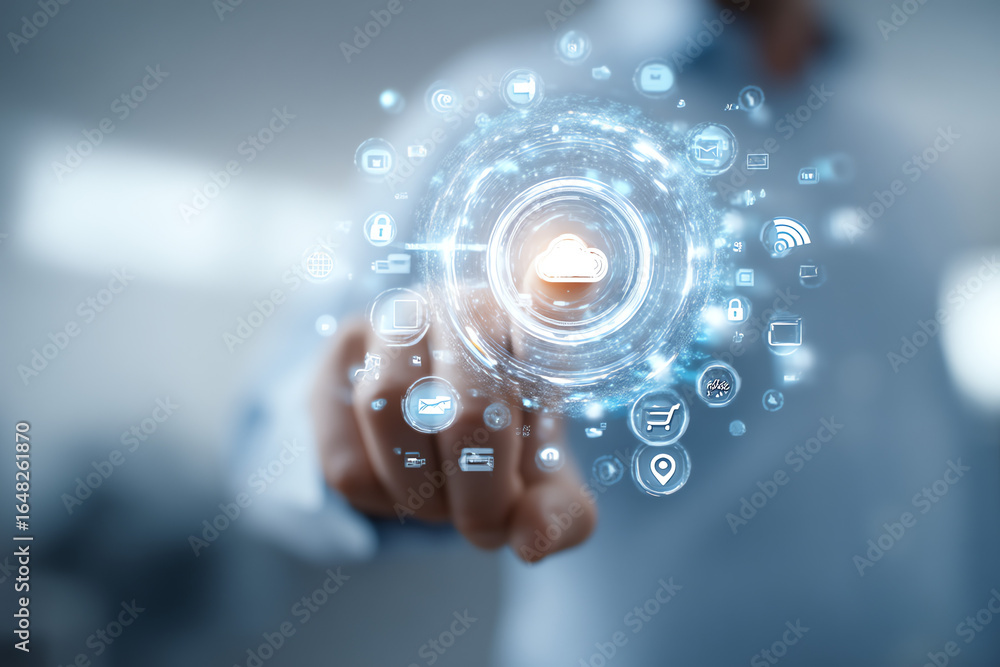 Fototapeta premium A person interacting with a digital cloud interface surrounded by multiple technology and communication icons.