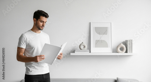 Focused Man Reading Book in Bright Minimalist Living Room