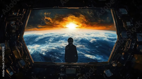 Fototapeta Naklejka Na Ścianę i Meble -  Silhouette of a person observing a dramatic sunset over Earth from inside a spacecraft window, evoking awe and contemplation
