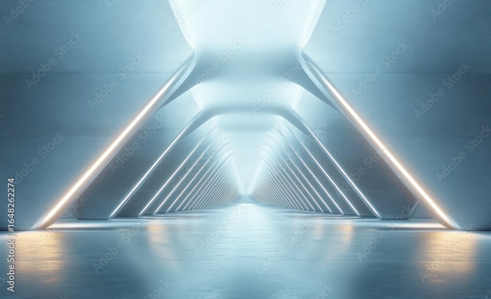 Obraz premium Futuristic empty corridor with geometric triangular light structures emitting cool white and warm yellow light reflections, creating a serene and spacious atmosphere