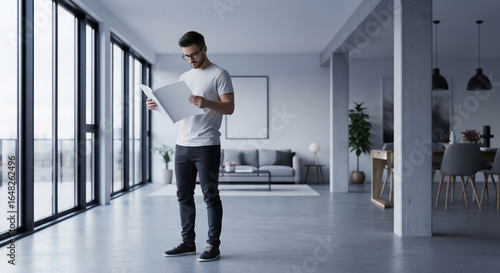 Man Reviewing Architectural Plans in Modern Minimalist Loft