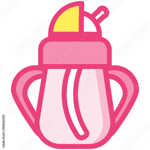 Vibrant Pink Baby Sippy Cup Illustration with Yellow Cap and Handles, Perfect for Toddlers Learning to Drink Independently and Staying Hydrated Safely