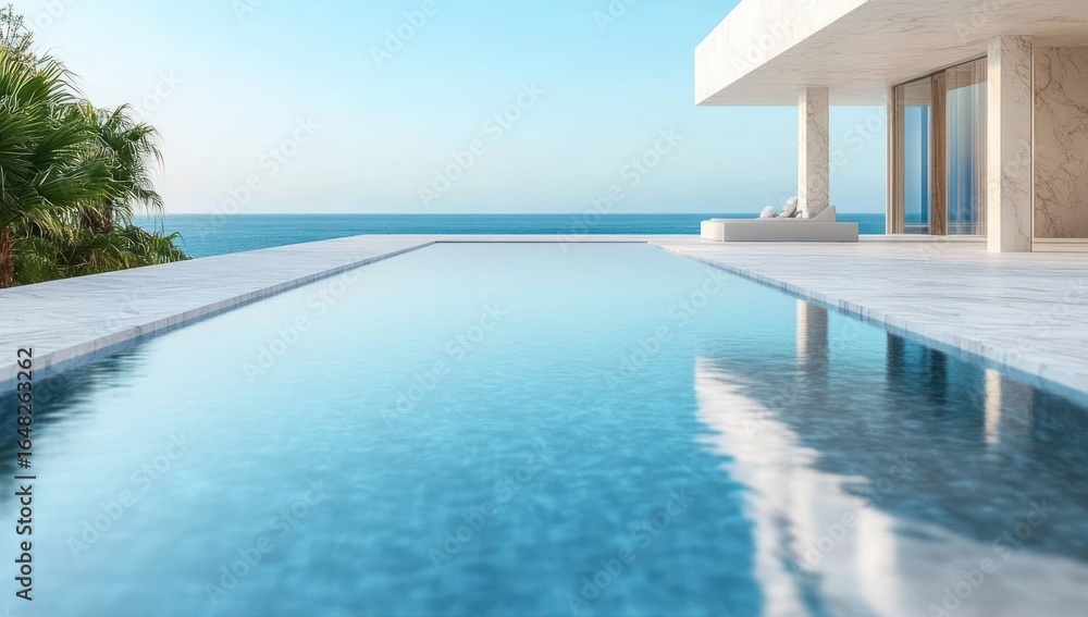 Fototapeta premium Modern luxurious house with large infinity pool overlooking calm ocean and clear blue sky with palm trees on the side