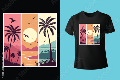 Colorful summer t-shirts on display at a vibrant store during sunny days.