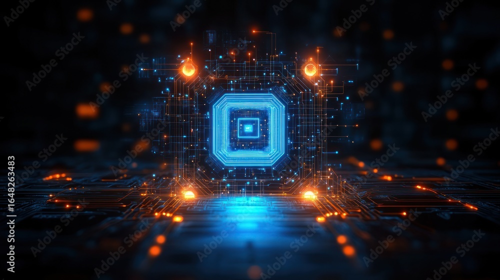 Fototapeta premium Glowing blue and orange futuristic microchip or circuit board with intricate connections and digital elements in a dark high-tech environment, symbolizing advanced technology and innovation