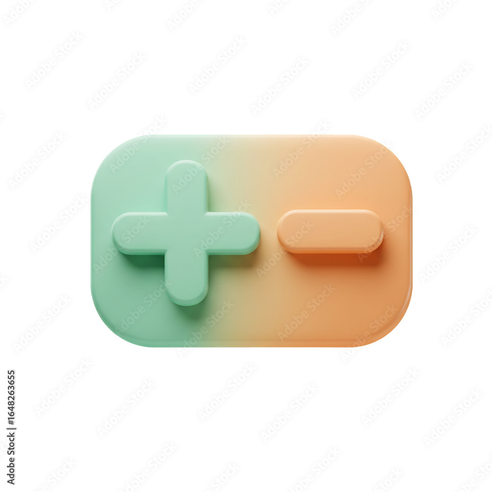 Obraz premium A smooth three-dimensional graphic depicts a plus and minus symbol within a rounded rectangular shape suggesting volume control.