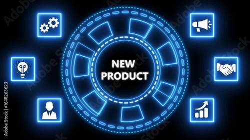 Animated neon graphic depicting new product launch with business development icons