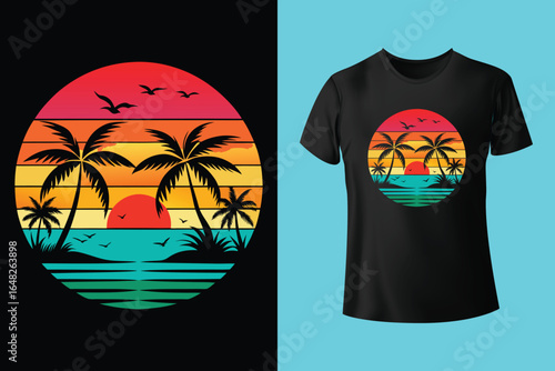Colorful summer t-shirts on display at a vibrant store during sunny days.