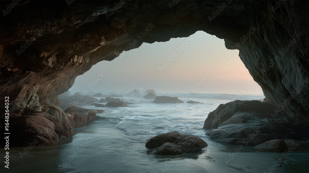Obraz premium 洞窟から望む朝霧の海景色