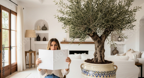 Woman Holding Blank White Book in Bright Modern Living Room with Olive Tree