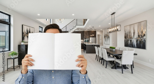 Person Holding Blank Book in Modern Home Interior