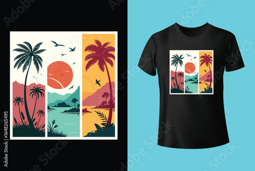 Colorful summer t-shirts on display at a vibrant store during sunny days.