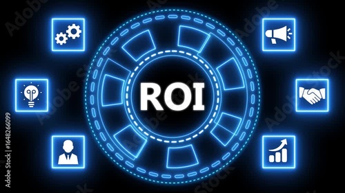 Animated neon roi concept with business icons on a dark black background