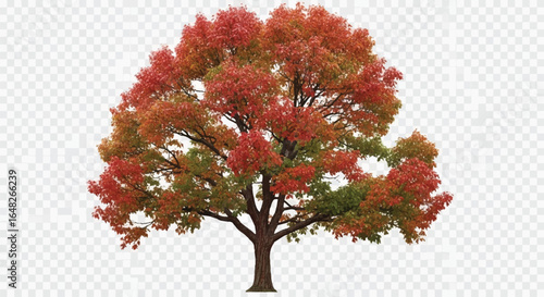 A vibrant autumn tree with a dense canopy of red orange and green foliage.