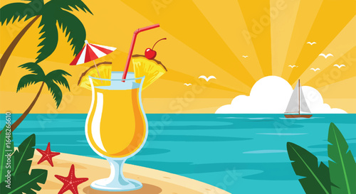A vibrant yellow tropical cocktail in a hurricane glass garnished with a pineapple slice cherry and a red and white paper umbrella.