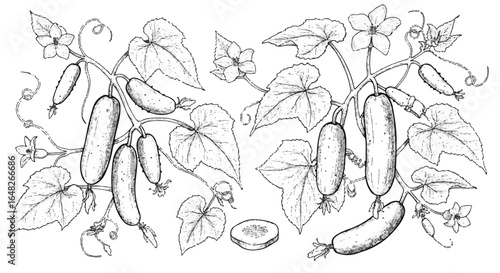 A vintage botanical illustration of cucumber plants with leaves, flowers, and fruits