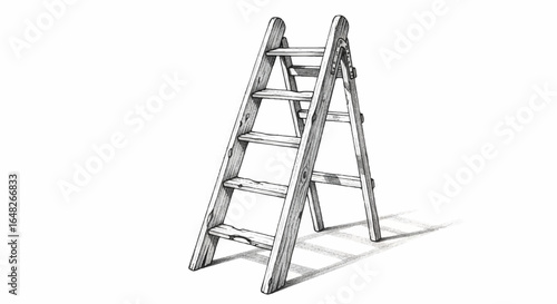 A weathered wooden ladder stands tall, ready for use