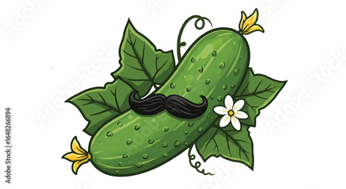 A whimsical cartoon cucumber with a mustache, blossoms, and leaves on a white background