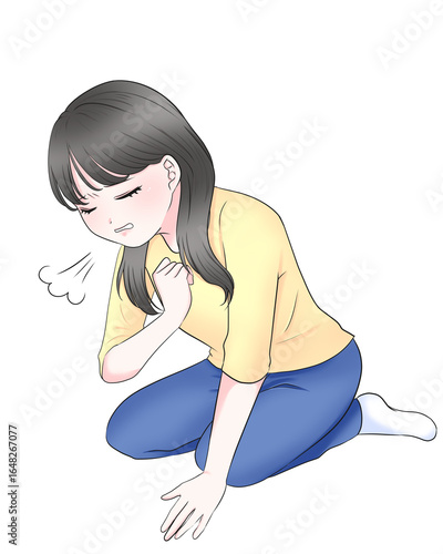 Fotografija 女性　座る　前屈み　胸　苦しい