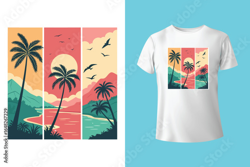 Colorful summer t-shirts on display at a vibrant store during sunny days.