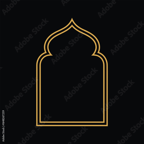 Elegant Islamic Arch Frame Outline in Gold on Black Background for Ramadan, Eid, Mosque, Middle Eastern, or Arabian Cultural  Design.