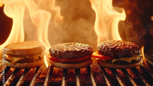 Three burgers cooking on a grill, with flames in the background