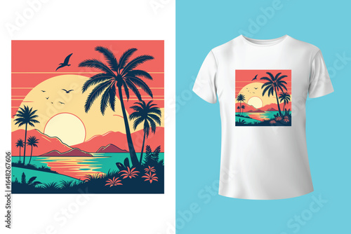 Colorful summer t-shirts on display at a vibrant store during sunny days.