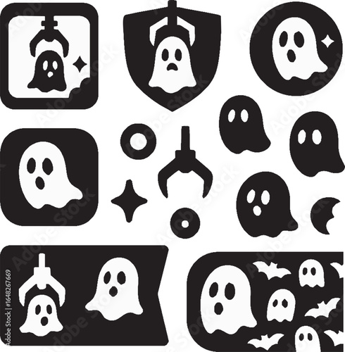 A collection of black and white graphic icons featuring cute cartoon ghosts being caught by a mechanical claw.
