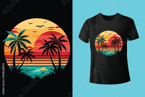 Colorful summer t-shirts on display at a vibrant store during sunny days.
