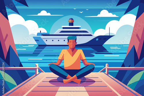 Man meditates peacefully on dock with luxury yacht sailing in tranquil ocean waters